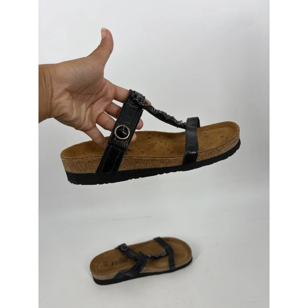 Naot Malibu Black Sandals Size 40 / 9 Leather Rhinestone T-Strap Slide Cork